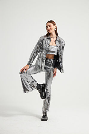 Nok Star Koleksiyonu Aynalı Pantolon Siyah Kare Gümüş