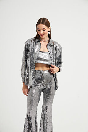 Nok Star Koleksiyonu Aynalı Pantolon Siyah Kare Gümüş