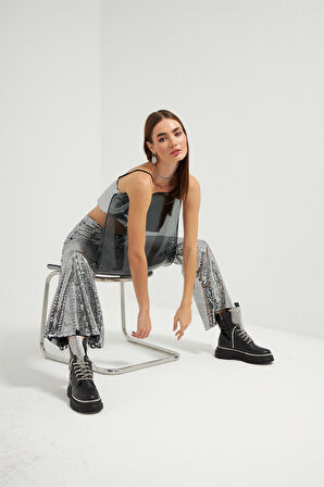 Nok Star Koleksiyonu Aynalı Pantolon Siyah Kare Gümüş