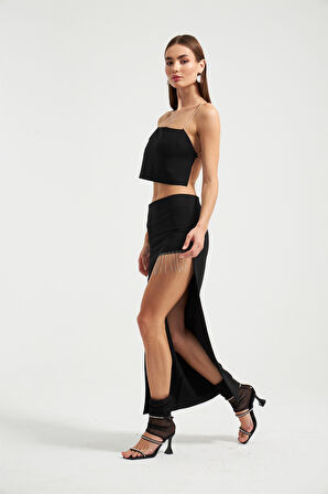 Nok Asimetrik Taşlı Maxi Boy Double Krep Etek Siyah