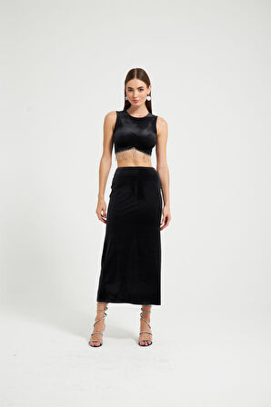 Kadife maxi boy etek Siyah