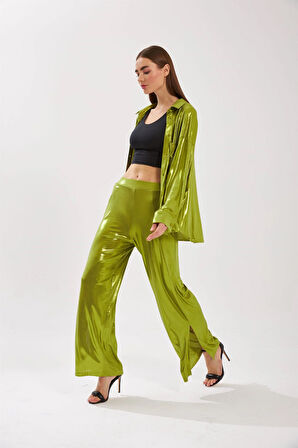 Nok Shinny Serisi Bol Kesim Pantolon Yeşil