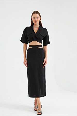 Nok Daily Serisi Pencere Detaylı %100 Keten Etek Siyah