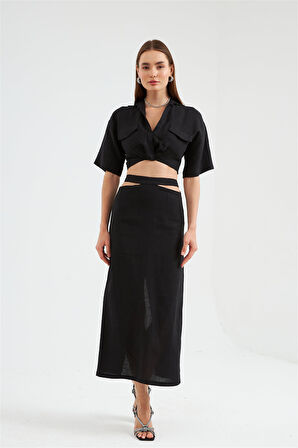 Nok Daily Serisi Pencere Detaylı %100 Keten Etek Siyah