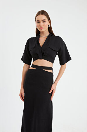 Nok Daily Serisi Pencere Detaylı %100 Keten Etek Siyah