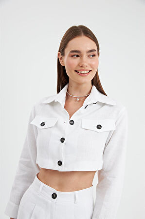 Cool Mode Serisi %100 Keten Crop Gömlek Ekru