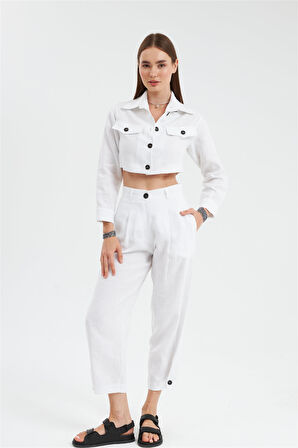 Cool Mode Serisi %100 Keten Crop Gömlek Ekru