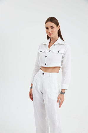 Cool Mode Serisi %100 Keten Crop Gömlek Ekru