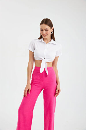 Nok Love Serisi Kalp Detaylı %100 Keten Pantolon Fuşya