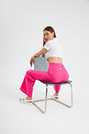 Nok Love Serisi Kalp Detaylı %100 Keten Pantolon Fuşya