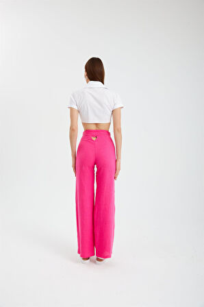 Nok Love Serisi Kalp Detaylı %100 Keten Pantolon Fuşya