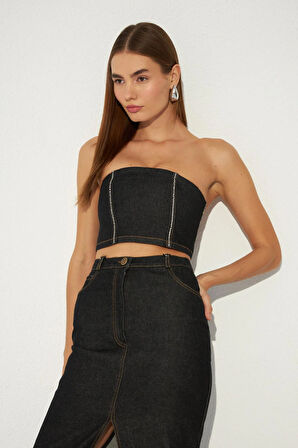 Denim Serisi Straz Taşlı Crop Büstiyer Siyah