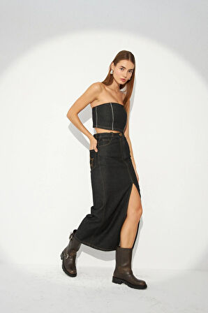 Denim Serisi Straz Taşlı Crop Büstiyer Siyah