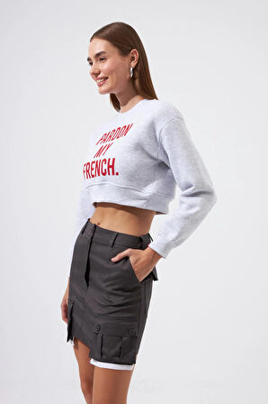 Pardon My French Sloganlı Crop Sweatshirt Gri