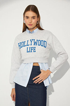 Hollywood Life Sloganlı Crop Sweatshirt Gri