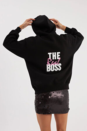 The Real Boss Sloganlı Couple Unisex Sweatshirt Siyah