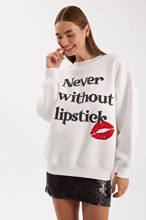 Lipstick Sloganlı Udo Sweatshirt Ekru