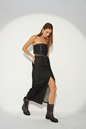 Denim Serisi Maxi Boy Star Kot Etek Siyah