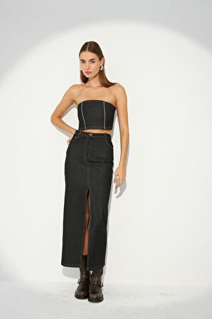 Denim Serisi Maxi Boy Star Kot Etek Siyah