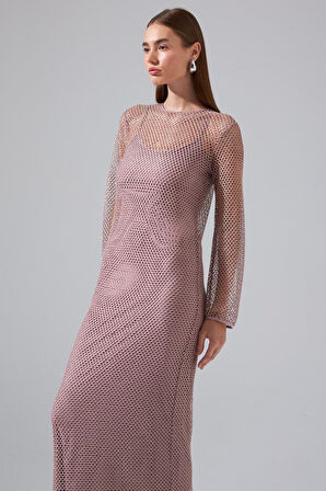 Nok Limited Edition Serisi Parıltılı İplikli Uzun File Triko Elbise Gül Kurusu