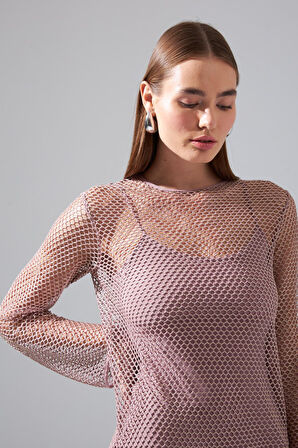 Nok Limited Edition Serisi Parıltılı İplikli Uzun File Triko Elbise Gül Kurusu