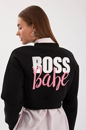 Boss Babe Sloganlı Crop Sweatshirt Siyah