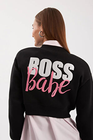 Boss Babe Sloganlı Crop Sweatshirt Siyah