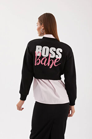 Boss Babe Sloganlı Crop Sweatshirt Siyah