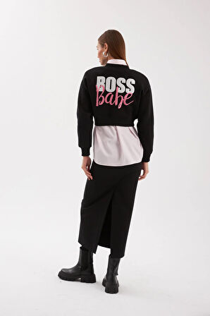 Boss Babe Sloganlı Crop Sweatshirt Siyah