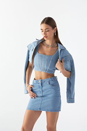 Nok Denim Koleksiyonu Mini Boy Etek Açık Mavi