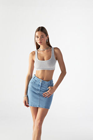 Nok Denim Koleksiyonu Mini Boy Etek Açık Mavi