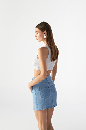 Nok Denim Koleksiyonu Mini Boy Etek Açık Mavi