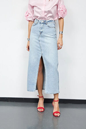 Cindy Yırtmaç Detaylı Maxi Boy Denim Etek LİGHT BLUE
