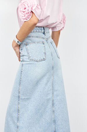 Cindy Yırtmaç Detaylı Maxi Boy Denim Etek LİGHT BLUE