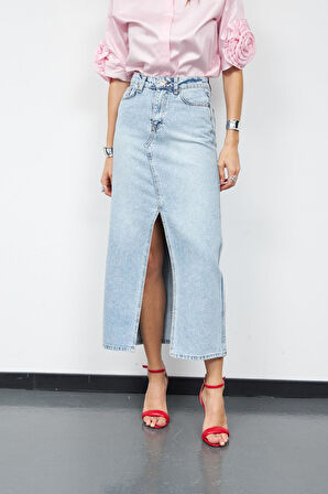 Cindy Yırtmaç Detaylı Maxi Boy Denim Etek LİGHT BLUE