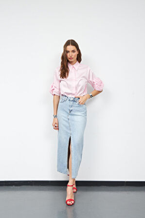 Cindy Yırtmaç Detaylı Maxi Boy Denim Etek LİGHT BLUE