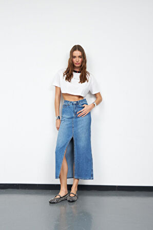 Cindy Yırtmaç Detaylı Maxi Boy Denim Etek DARK BLUE