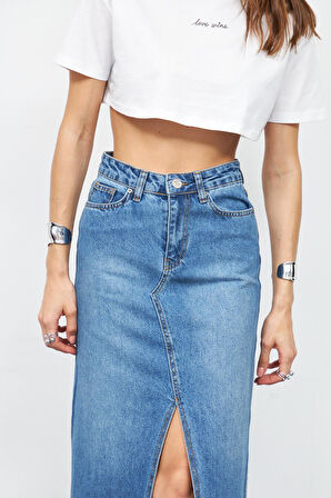 Cindy Yırtmaç Detaylı Maxi Boy Denim Etek DARK BLUE