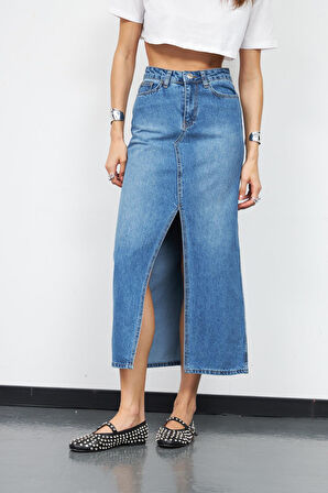 Cindy Yırtmaç Detaylı Maxi Boy Denim Etek DARK BLUE