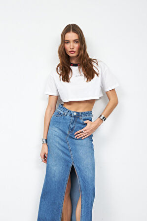 Cindy Yırtmaç Detaylı Maxi Boy Denim Etek DARK BLUE