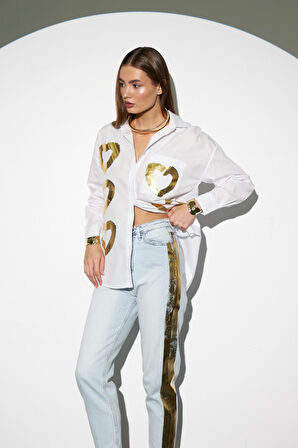 Gold Foil Star Mom Fit Denim Pantolon Gold