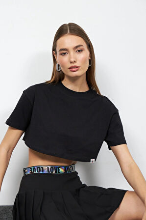 100% Koton Oversize Crop Tshirt Siyah