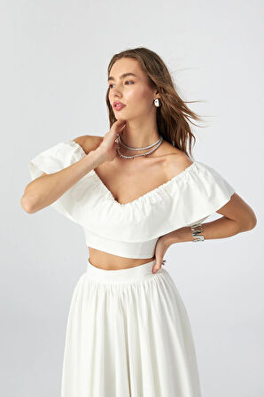 Jolie Ruffle Crop Bluz Beyaz