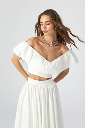 Jolie Ruffle Crop Bluz Beyaz