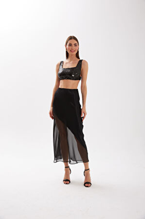 Nok Cute Serisi Transparan Detaylı Saten Etek Siyah