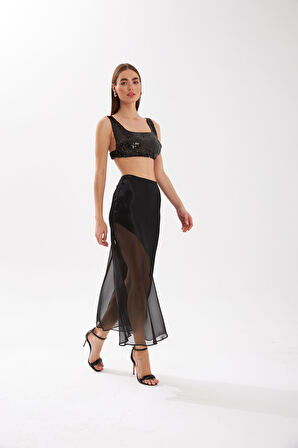 Nok Cute Serisi Transparan Detaylı Saten Etek Siyah
