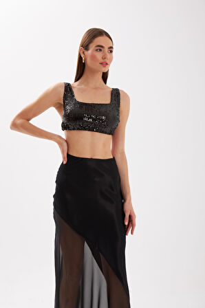 Nok Cute Serisi Transparan Detaylı Saten Etek Siyah