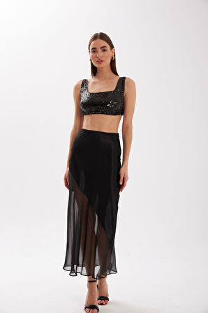 Nok Cute Serisi Transparan Detaylı Saten Etek Siyah