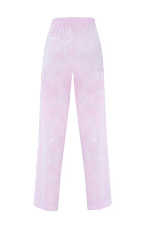 Floral Striped 100% Koton Çizgili Çiçek Desenli Bol Paça Pantolon Pembe