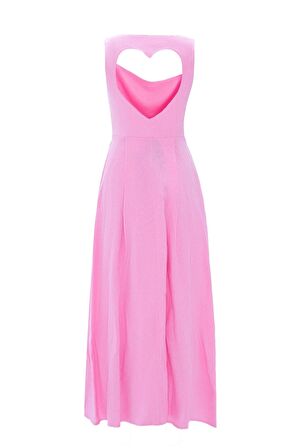 %100 Linen Love Shaped Maxi Dress Pembe